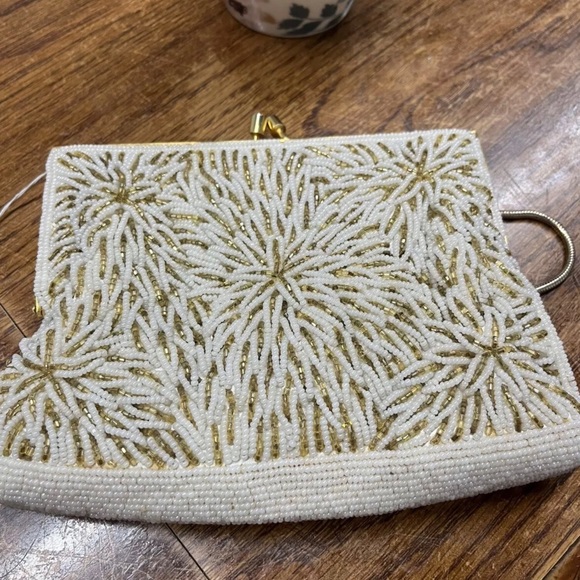 Handmade Handbags - Vintage French handmade White Beaded Clutch with Gold Floral Burst